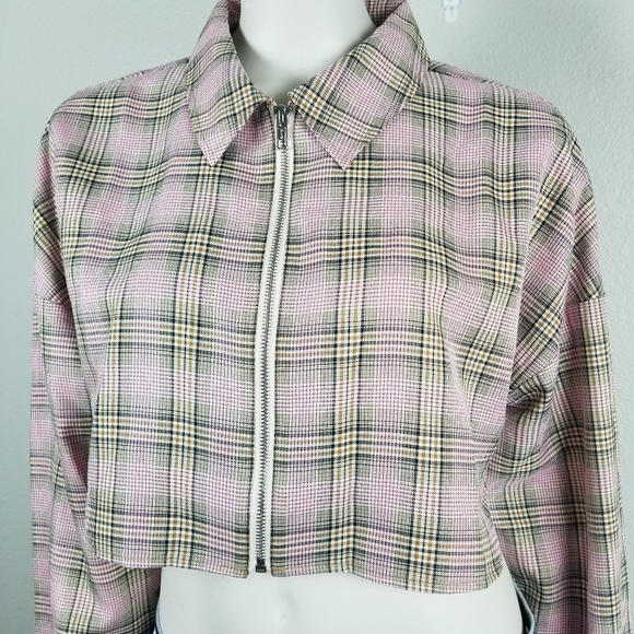 Collusion Pink Academia Plaid 90s Y2K Zip Up Cropped Shirt Size 8 NWOT - Picture 3 of 7